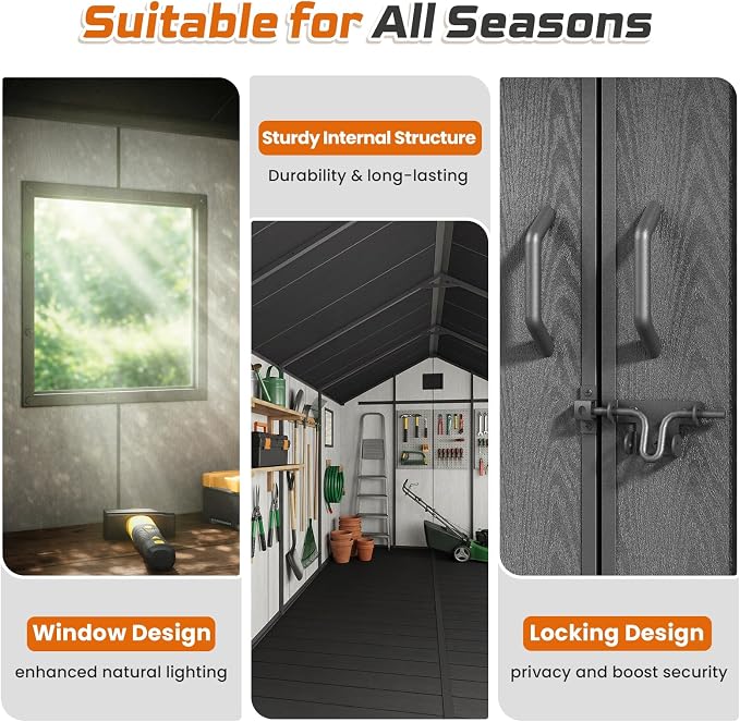 Jocoevol Outdoor Storage Shed, 8x15FT Resin Shed with Floor & Windows, Thickened Heavy Duty All-Weather Garden Tool Shed for Backyard, Patio, Lawn, Gray - Image 4