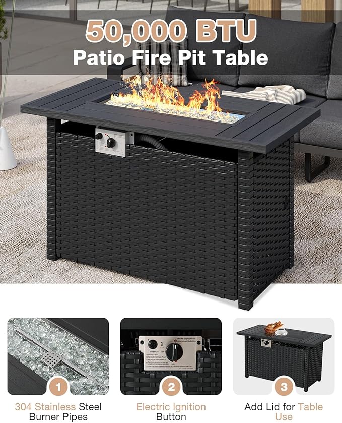 Aoxun Aluminum Patio Furniture Set with Fire Pit Table, 5 Seats Luxury Outdoor Sectional with 6" Olefin Fabric Cushions, Patio Conversation Sets with Outdoor Sofas for Backyard, Deck Dark Grey
