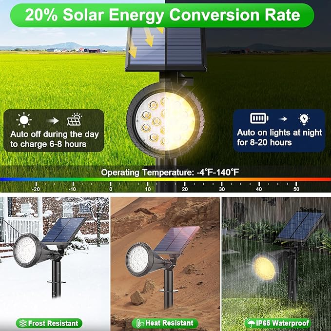 Solar Spot Lights Outdoor Waterproof 180° Adjustable Solar Powered Landscape Lights for Yard 4 Lighting Modes Solar Spotlights for Pathway Garden Outside Wall Pool Porch (2 Pack, Warm White)