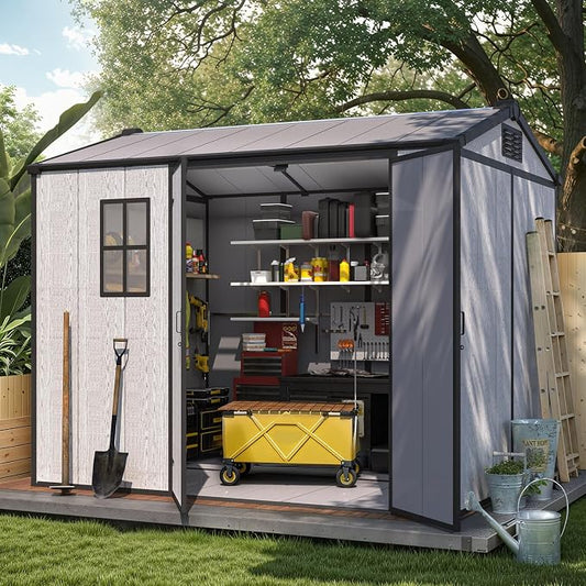 MELLCOM 6 x 8 FT Plastic Outdoor Storage Shed with Windows, Plastic Outdoor Storage Tool Shed with Floor and Lockable Door, Resin Garden Shed for Lawnmower, Bike, Pool Supply by MELLCOM