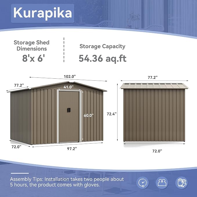 Kurapika 8×6 FT Metal Outdoor Storage Shed Large Tool Shed with Floor, Lockable Door, for Garden, Patio, Backyard, Lawn(Brown) - Image 3