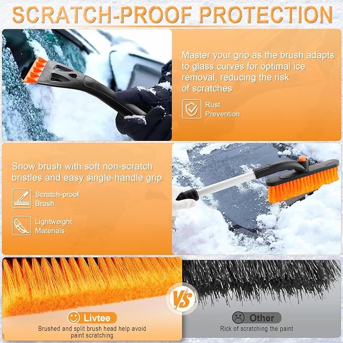 LivTee 32" Extendable Ice Scraper & Snow Brush for Car Windshield, 360?? Rotating Snow Removal Tool for Cars, Trucks & SUVs, Automotive Winter Essentials & Car Accessories for Men, Orange - Image 2