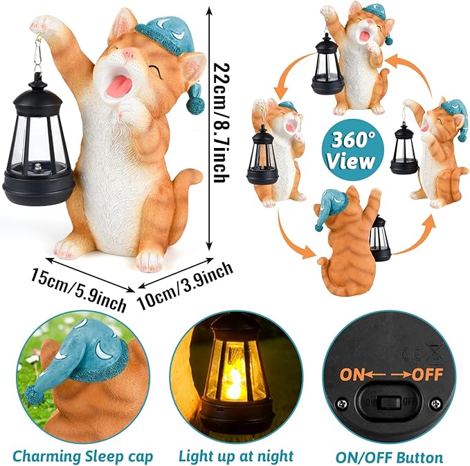 ILLUMINEW Solar Dragon Garden Statue with Lantern and Birds – Resin Dinosaur Figurine with LED Light for Yard, Outdoor Decor, Gifts for Mom, Women (Cat)
