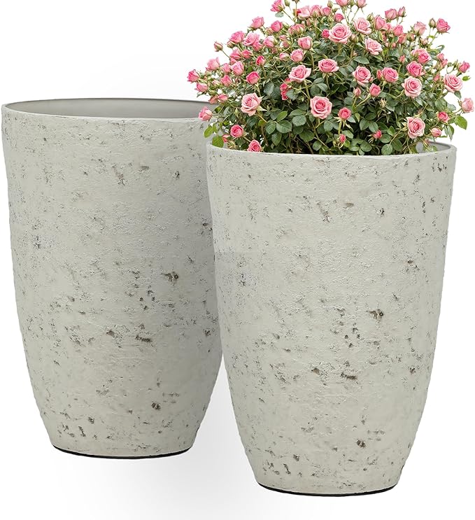 19.5"H Resin Tall Planters for Outdoor Indoor Use, 2-Pack Large Flower Pots, Weather-Resistant Plant Container for Garden Yard Porch or Home Décor, Handcrafted Birch Bark Texture, Country White