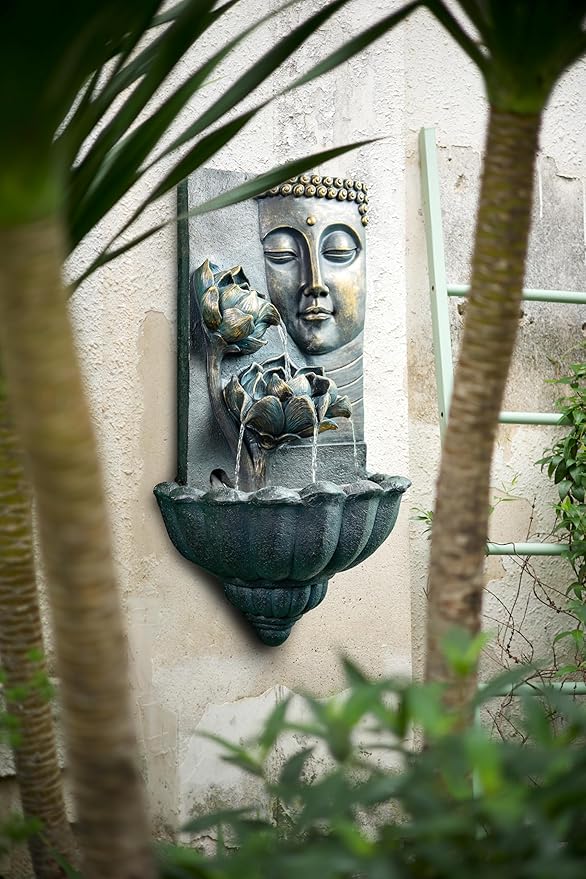 Cheng Pin Cascading Lotus Buddha Statue Zen Water Fountain with LED Lights & Pump Best for Wall Decor, Flowing Water Create Relaxing Atmosphere for Home, Patio,Garden, Backyard,32.3'' Tall