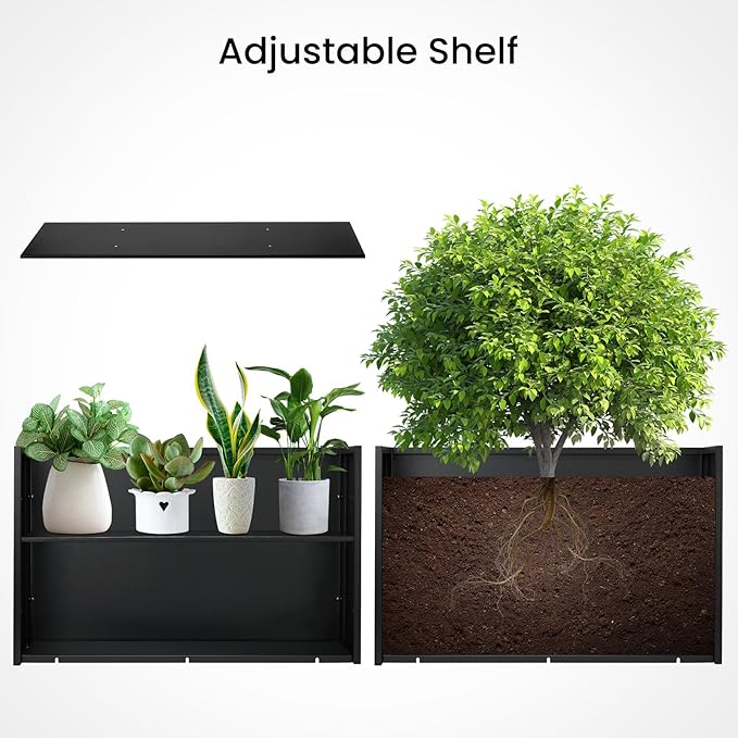 Heavy-Duty Black Rectangular Steel Planter Box 38”x12”x24”, Rust-Resistant with Drainage Holes, Removable Shelf & Reinforced Edges for Tall Plants, Patio, Porch & Yard