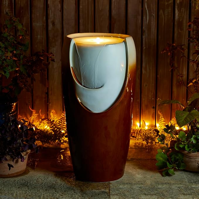 Glitzhome 29.25" H Oversized Ceramic Vase Outdoor Water Fountain, Tall Sand Beige Brown Glaze Patio Garden Water Fountain with LED Light and Submersible Pump for Garden Patio Balcony Yard Art Decor