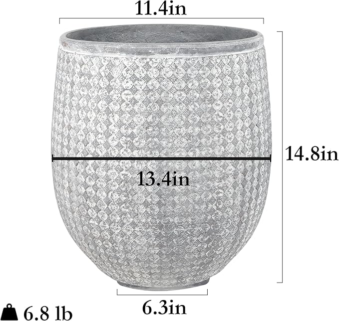 Worth 12" Round Planter, Lightweight Magnesium Oxide Cement Plant Pot, Raised Pattern Concrete Look with Drainage Hole for Indoor or Outdoor Use, Grey