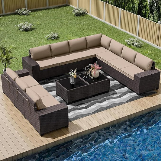 12 PCS Outdoor Patio Furniture Set,Outdoor Sectional Furniture All Weather PE Rattan Wicker Patio Conversation Set with 2 Coffee Tables and 10 Thickened Cushions,Sand