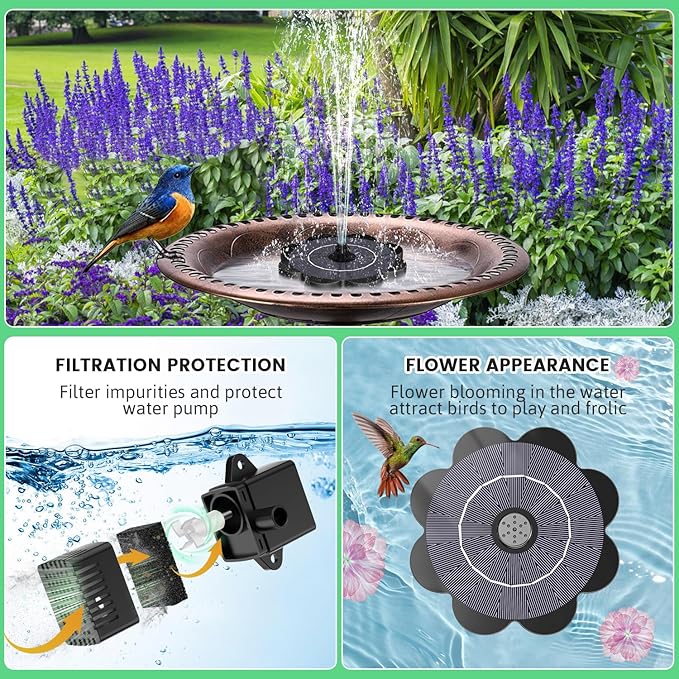 SZMP Solar Water Fountain with Flower Pattern No Battery,Faster Conversion Solar Bird Bath Fountains Glass Solar Panel,Solar Fountain for Bird Bath Garden Small Ponds Outdoor Décor