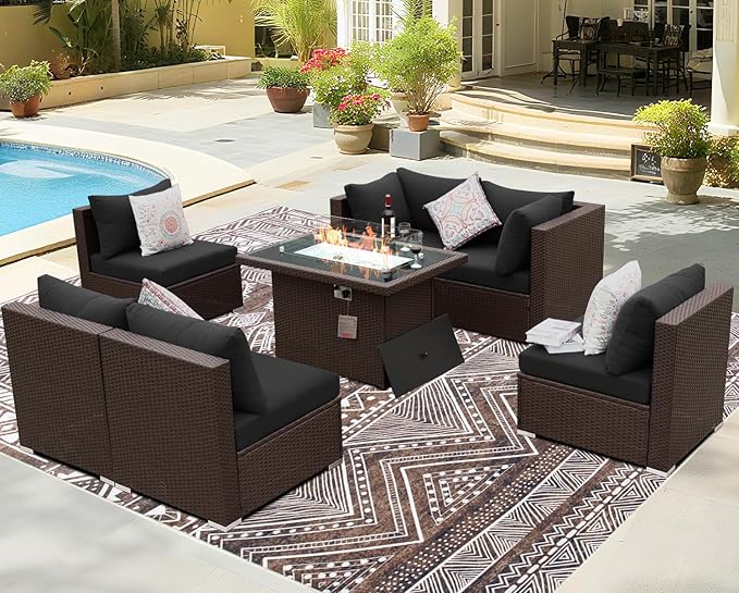BULEXYARD 7-Piece Outdoor Patio Furniture Set with Propane/Natural Gas Fire Pit Table, High-Back Extra Large Backyard Sectional Couch Sofa, Cozy Wide Deep Seating Group, Brown Rattan & Black Cushion