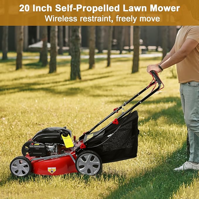 141cc 20 Inches Gas Lawn Mower, 7-Position Single Lever Height Adjustment, Push Lawn Mower Gas Powered with 50L Grass Tank and Big Wheels for Lawn Care Red - Image 3