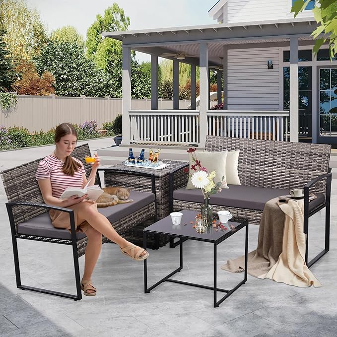 FHFO 4 Piece Outdoor Patio Furniture Set with Built-in Beverage Cooler Storage Box, Wicker Conversation Sets Patio Outdoor Loveseats & Coffee Table for Outside, Garden, Balcony, Porch, Grey/Grey