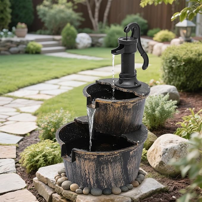 MoNiBloom Outdoor Water Fountains, 27" Tall 2-Tier Barrel and Pump Waterfall Fountain and Pump for Outdoor Patio Garden Backyard Decking, 11 L Water Capacity, Bronze
