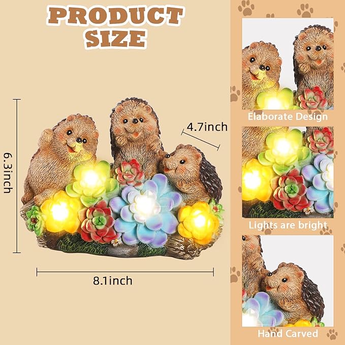 3 Hedgehog Solar Garden Statues with Succulent Animal Figurines Resin Hedgehog Decor Outdoor Statues, Ideal Decoration for Lawn Patio Yard, Gifts for Men Women