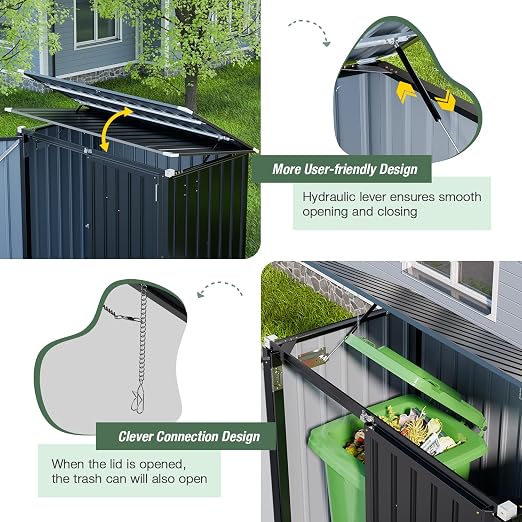 3'x5' Outdoor Trash Can Storage, Metal Storage Bike Shed, Waterproof Garbage Can Organizer with Chain Lid, Outdoor Storage Clearance for Patio, Garden, Backyard, Dark Grey - Image 3