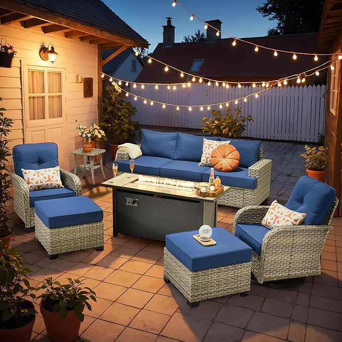 HOOOWOOO Outdoor Sectional Patio Furniture Set with Fire Pit Table,9 Pieces Wicker Conversation Sets,Extra Deep Out Door Sofa Outside Furniture Couch Swivel Chairs Ottoman,Navy Blue