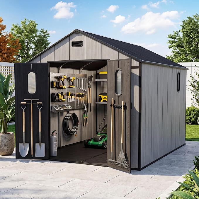 Domi 8x10Ft Resin Outdoor Storage Shed with Floor, Plastic Garden Storage Shed, Outside Weatherproof Storage Building for Tools, Bike, Lawn Mower, Patio, Backyard by domioutdoorliving