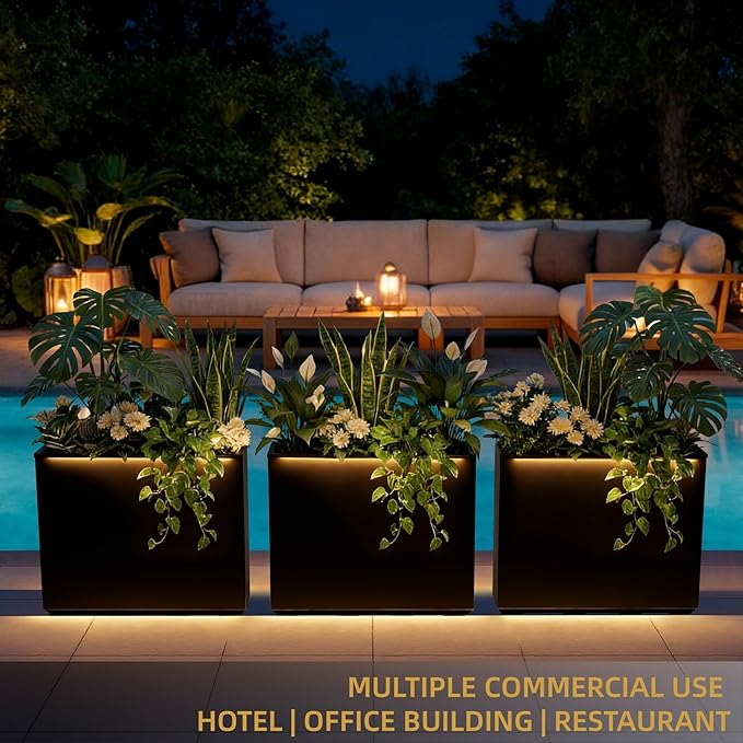 Wallowa Metallic Heavy Planter with Two Led Light Strips, 38Lx10Wx30H Inches Tall and Long Metal Divider Planter Box with Hand Brushed Gold Edge for Outside & Indoor, No Assembly (Black)