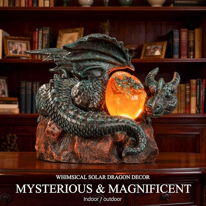 Solar Dragon Garden Decor - Dragon Statue Outdoor with Egg Light - 6.8 inch Porch Decor & Lawn Ornaments, Perfect Patio Decor, Yard Decorations Outdoor