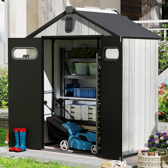 Domi 6x4 FT Outdoor Resin Storage Shed, All-Weather Double-Wall Storage Building for Backyard, Garden, Lawn Tools, Mower, Bike & Pool Equipment, Lockable Doors, Ventilated Roof, Grey by domioutdoorliving