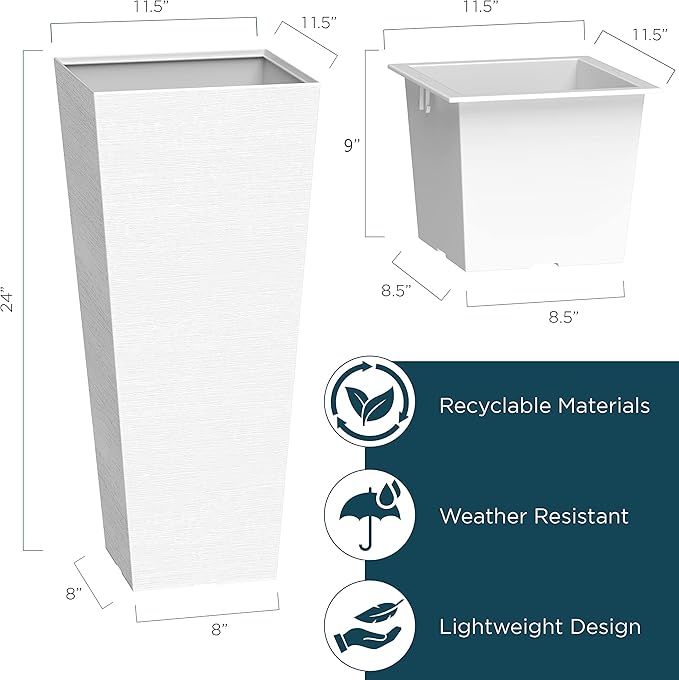 Verel Set of 2 Tall Outdoor Planters - 24 Inch Large Planters with Small Planting Pots – Indoor and Outdoor Rectangular Flower Pots for Front Door, Patio and Deck (White)