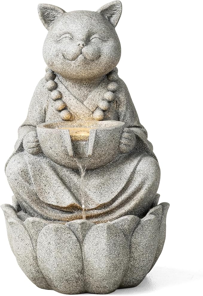 Glitzhome Water Fountain Outdoor, Outdoor Fountain with Lights, Zen-Style Water Fountain with Pump, 22" H 2-Tiered Concrete Cat Statue Polyresin Water Feature for Home Patio Garden Backyard Decor