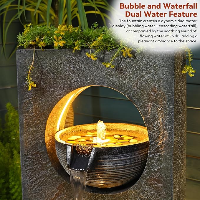 37.4’’ Tall Water Fountain Outdoor Modern Garden Fountains Layered Bowl Waterfall with LED Lights Top Planter Area for Garden, Patio, Yard, Office, Porch Home Art Decor