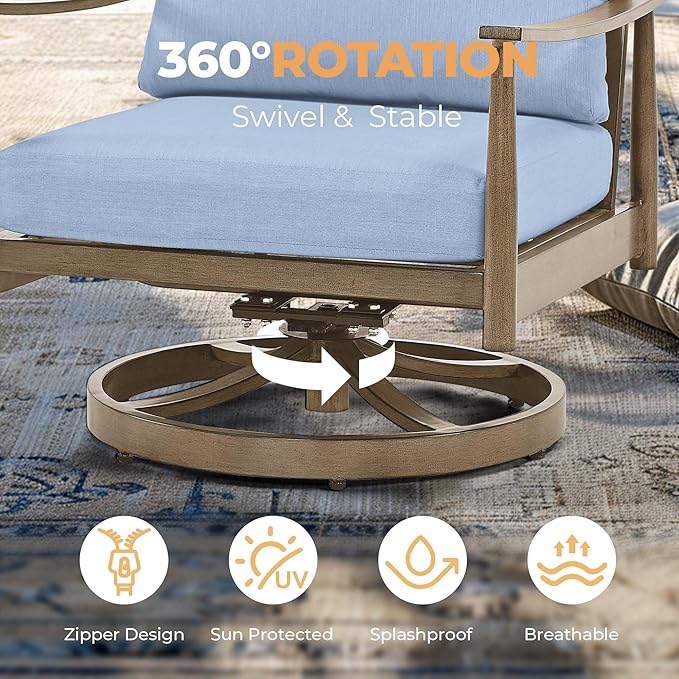 HAPPATIO Patio Outdoor Furniture Set - 7 Pieces Aluminum Outdoor Conversation Set Includes 1 Three-Seater Sofa, 1 Loveseat, 1 Coffee Table, 2 Swivel Chairs and 2 Ottomans for Porch, Lawn (Brown)