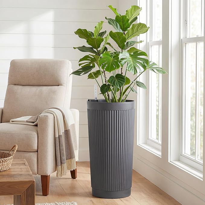 Self-Watering 24in Plastic Round Planter with Vertical Ribbed Design – Indoor Outdoor Flower Pot for Plants, Herbs, and Small Trees, Set of 2