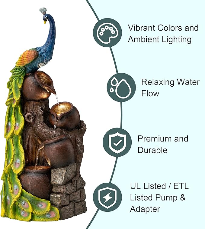 Glitzhome 4-Tier Peacock and Jars Outdoor Water Fountain with LED Light, 40”H Oversized Resin Peacock Sculpture Waterfall Fountain with Submersible Pump for Garden Patio Porch