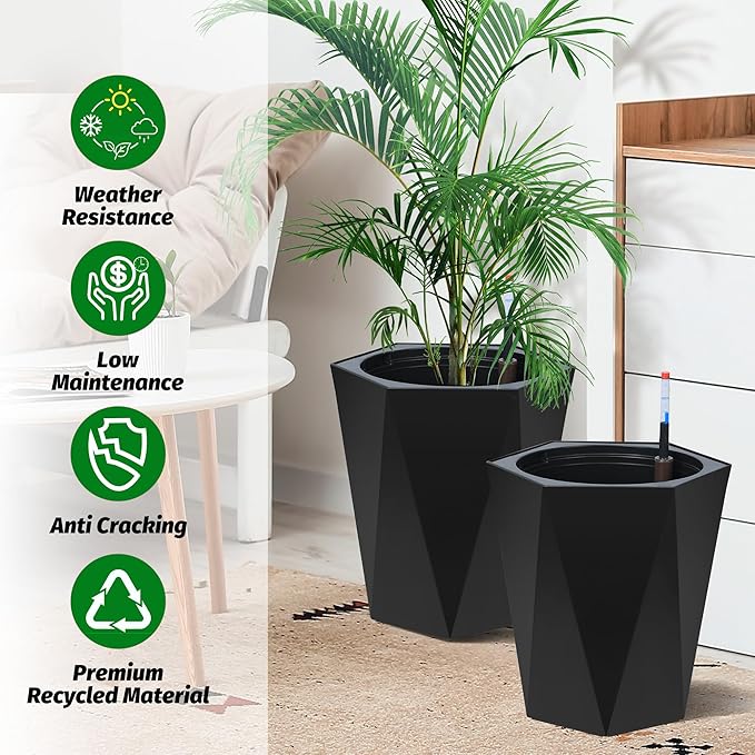 GarveeLife 16 Inch Tall Planters Set of 2, Outdoor Planters Self Watering Plant Pots with Water Level Monitor, Multiple Drainage Holes, Flower Pots for Patio, Porch, Living Room, or Home Office, Black