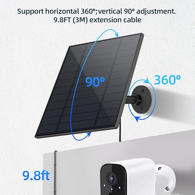 5W Solar Panel for Security Camera, Solar Panel with Micro USB & USB-C Port for DC 5V Outdoor Rechargeable Battery Camera, IP65 Waterproof, 360° Adjustable Security Mount, 9.8ft Cable (2, Black) - Image 7