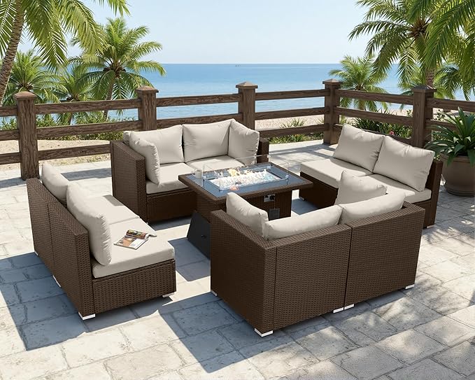 BULEXYARD 9 Pcs High Back Outdoor Sectional Set with Firepit Table, High-End Patio Furniture Seating Set, Big Oversized Wide Deep Modular 8-Seater Couch Sofa for Backyard, Brown Wicker & Beige Cushion