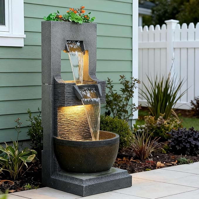 39" H Modern Indoor Fountain with LED Lights and Pump, 3-Tier Standing Cascading Waterfall - Modern Design for Garden/Patio/Yard, Multi-Level Outdoor Decor 15“x14”x39“(Brown)