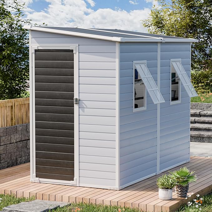 WACASA 4x8 FT Outdoor Storage Shed with Floor, 21-Gauge Reinforced Steel & 16mm Thickened Resin Walls, Space-Saving Lean-to Tool House with 2 Awning Windows & Lockable Single Door for Side Yard by WACASA