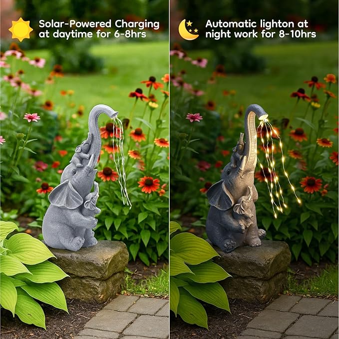 Solar Garden Outdoor Statue with 35 LED Lights, Elephant Figurine for Patio, Balcony, Courtyard, Lawn Ornaments, Unique Valentine's Day Birthday Gift for Women, Mom, Grandma, Elderly