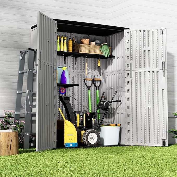 ZZM 57 Cu.ft Outdoor Storage Shed with Floor HDPE Double-Wall Resin Sheds Outdoor Storage, Lockable Weatherproof Storage Cabinet Fit for Garden Tools, Garage can, Bike, Patio Furniture, Grey - Image 5