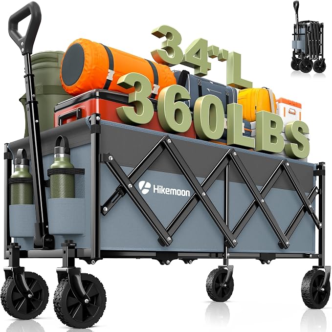 Hikemoon 34'' Extra Long Collapsible Wagons Carts Foldable, 360LBS Heavy Duty Folding Beach Wagon with Wheels, Portable Utility Outdoor Cart for Grocery, Garden, Sports, Camping, Blue & Grey by Unknown