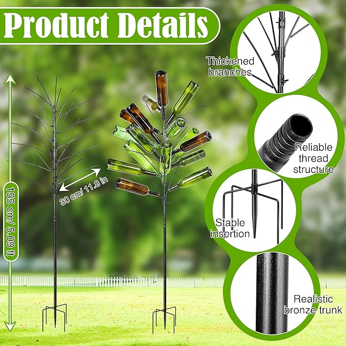Meonum Solar Light Bottle Tree, 61" Metal Garden Sculpture for Yard & Patio Decor, Colorful Outdoor Wine Holder for Garden & Lawn Decoration, Holds 24 Glass Containers(Black)