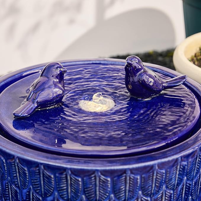 Glitzhome 14.75”H Outdoor Ceramic Garden Water Fountain with LED Lights and Pump, Two Birds Embossed Leaf Pattern Patio Fountain Floor Standing Bird Bath Fountains for Porch Deck Backyard, Cobalt Blue