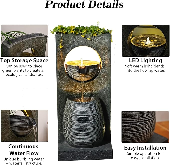 37.4’’ Tall Water Fountain Outdoor Modern Garden Fountains Layered Bowl Waterfall with LED Lights Top Planter Area for Garden, Patio, Yard, Office, Porch Home Art Decor