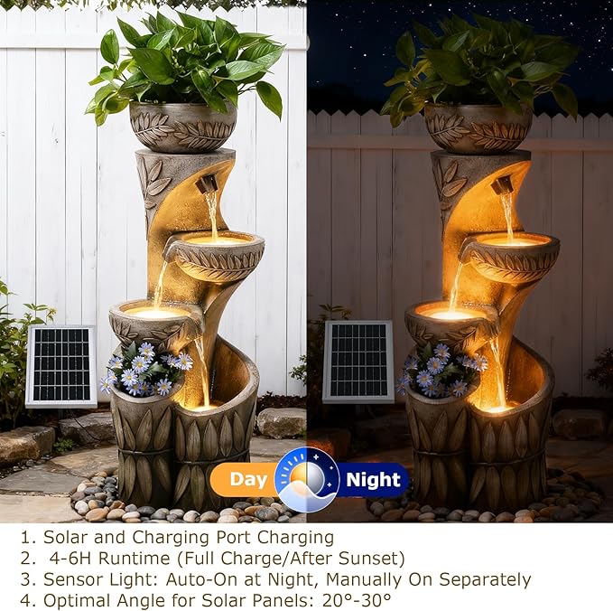 4 Tiered Solar Water Fountain Outdoor Garden, 35.6" Tall Cascading Bowl Leaf Carved Outdoor Waterfall Fountains Modern Water Feature with Dual Planters for Garden, Patio, Deck, Yard, Indoor Decor