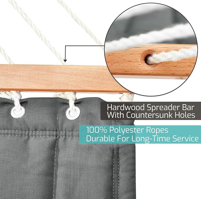 CHULIM Double Quilted Fabric Hammock with Hardwood Spreader Bars and Pillow 450 LBS Capacity 2 Person Large Hammock for Outdoor Patio Backyard Poolside - Dark Grey - Image 5