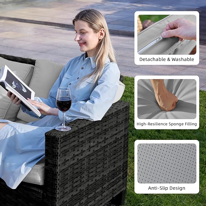 UDPATIO Patio Furniture Set, 6 Pieces Outdoor Furniture Sets with Rocking Swivel Chairs, Wicker Rattan Outdoor Conversation Set with Storage Table and Waterproof Covers for Backyard, Light Grey
