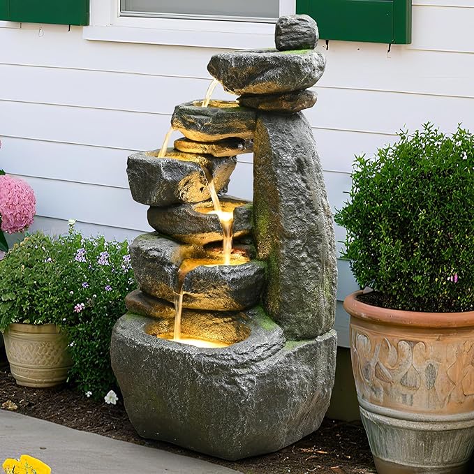 Outdoor Garden Water Fountain with Lights Cascading Large Waterfall Floor Standing Fountain for Patio, Backyard, Deck, Porch and Home Art Decor (32.68'' Gray)