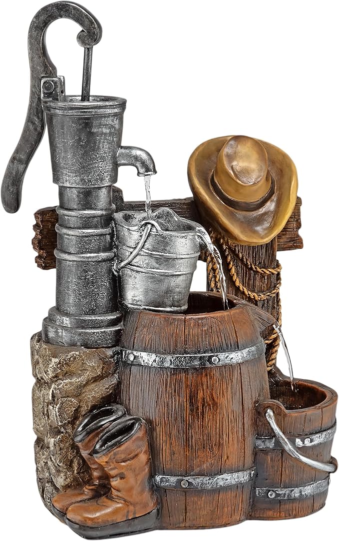 Alpine Corporation Outdoor Vintage Pump and Barrel with Cowboy Hat Fountain Yard Art Decor, 26" Tall, Brown