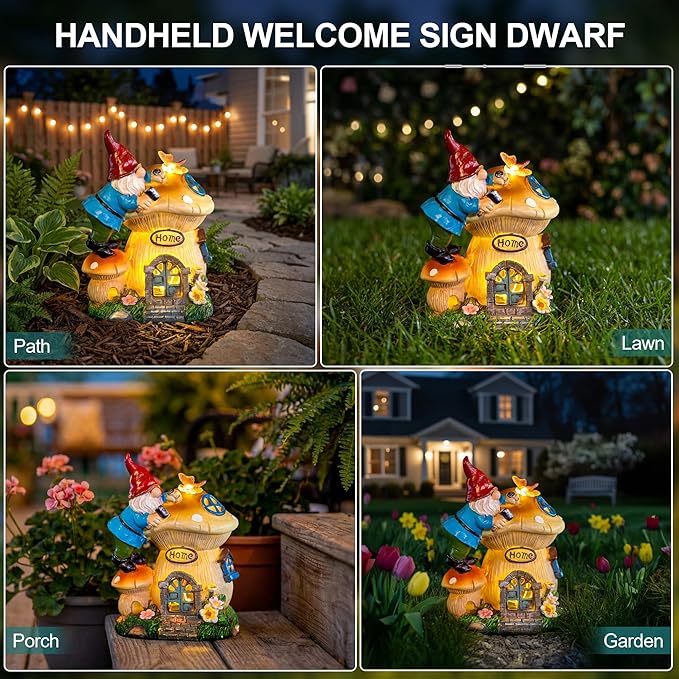Garden Gnome Statues Figurine Lights - Solar Powered Lighting Outdoor Decorations, Gnome Build Mushroom Fairy House, Yard Art Lawn Ornaments for Porch Patio Balcony - Gnome Gifts for Women Mom