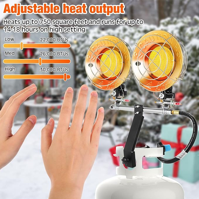 Honoson 30,000 BTU Propane Tank Top Heater with Double Head Portable Outdoor Heaters with Gauge Leak Detector Tank Top Heat Safety Shut-off Valve LP Gas for Camping Patio Garage Porch