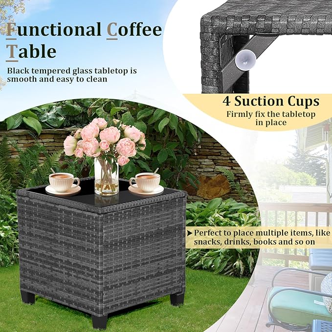 RELAX4LIFE 3 Piece Patio Furniture Set, Wicker Bistro Conversation Set w/2 Cushioned Armchairs & Glass Topped Table, Outdoor Rattan Sofa Set Patio Furniture for Porch Balcony Poolside (Grey-White)